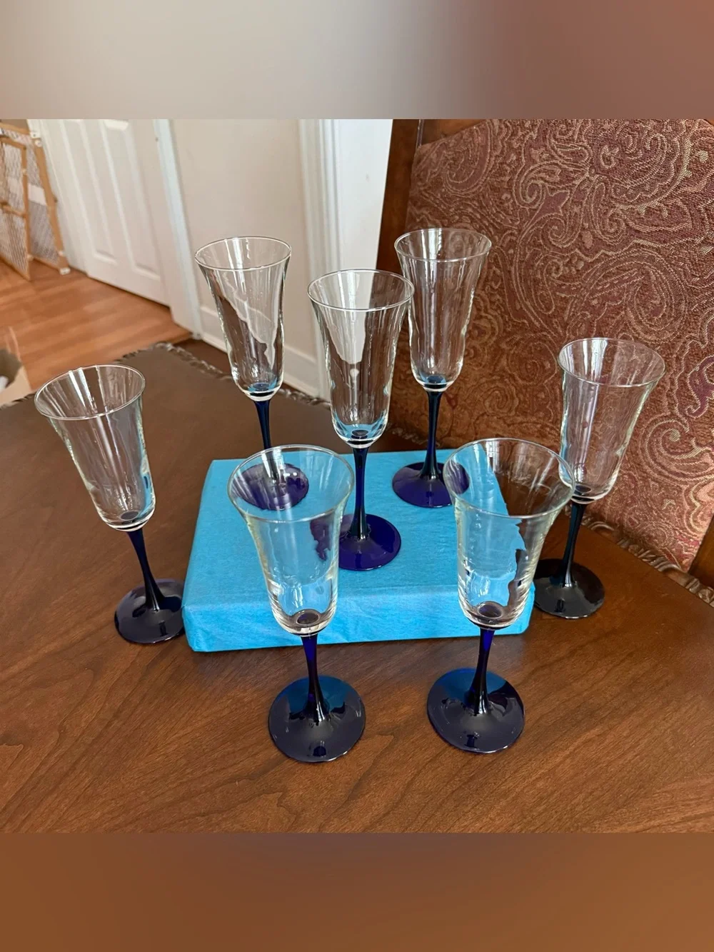 Vintage Luminarc France Cobalt Blue Stem Champagne Flutes - Set of 6 + 1 Spare